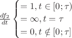 $\frac {df_2}{dt} \begin{cases} =1, t \in [0; \tau) \\ = \infty, t = \tau \\ = 0, t \notin [0;\tau] \end{cases} $