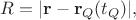 $R=|\mathbf{r}-\mathbf{r}_Q(t_Q)|,$ $R=|\mathbf{r}-\mathbf{r}_Q(t_Q)|,$