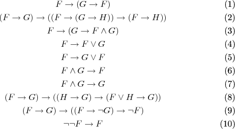 \begin{gather} 
F\to(G\to F) \\ 
(F\to G)\to((F\to(G\to H))\to(F\to H)) \\ 
F\to(G\to F\wedge G) \\ 
F\to F\vee G \\ 
F\to G\vee F \\ 
F\wedge G\to F \\ 
F\wedge G\to G \\ 
(F\to G)\to((H\to G)\to(F\vee H\to G)) \\ 
(F\to G)\to((F\to\neg G)\to\neg F) \\ 
\neg\neg F\to F 
\end{gather}