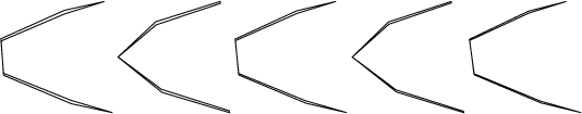 $$\begin{tikzpicture}\draw [black, thin](1.1466,1.7775) -- (0.0069,1.2896) -- (0.0452,0.7104) -- (1.2533,0.2225) -- (2.0000,0.0000) -- (1.2662,0.1594) -- (0.0510,0.6714) -- (0.0000,1.3286) -- (1.1390,1.8406) -- (1.8555,2.0000) -- (1.1466,1.7775);\draw [black, thin](3.9357,1.9657) -- (2.7858,1.5797) -- (2.1007,1.0000) -- (2.8760,0.4203) -- (4.0920,0.0343) -- (4.1000,0.0000) -- (2.8876,0.3648) -- (2.1000,1.0000) -- (2.7768,1.6352) -- (3.9310,2.0000) -- (3.9357,1.9657);\draw [black, thin](6.0038,2.0000) -- (5.3129,1.7862) -- (4.2059,1.2949) -- (4.2603,0.7051) -- (5.4616,0.2138) -- (6.2000,0.0000) -- (5.4735,0.1681) -- (4.2669,0.6768) -- (4.2000,1.3232) -- (5.3046,1.8319) -- (6.0038,2.0000);\draw [black, thin](8.0723,2.0000) -- (8.0775,1.9751) -- (6.9564,1.5902) -- (6.3000,1.0000) -- (7.0830,0.4098) -- (8.2926,0.0249) -- (8.3000,0.0000) -- (7.0946,0.3695) -- (6.3005,1.0000) -- (6.9476,1.6305) -- (8.0723,2.0000);\draw [black, thin](9.4596,1.8256) -- (10.1353,2.0000) -- (9.4679,1.7925) -- (8.4050,1.2988) -- (8.4807,0.7012) -- (9.6723,0.2075) -- (10.4000,0.0000) -- (9.6836,0.1744) -- (8.4879,0.6808) -- (8.4000,1.3192) -- (9.4596,1.8256);\end{tikzpicture}$$