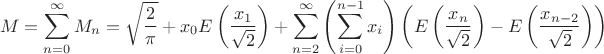 $$M=\sum\limits_{n=0}^{\infty}M_n=\sqrt\frac{2}{\pi}+x_0 E\left(\frac{x_1}{\sqrt{2}}\right)+\sum\limits_{n=2}^\infty\left(\sum\limits_{i=0}^{n-1} x_i\right) \left(E\left(\frac{x_n}{\sqrt{2}}\right)-E\left(\frac{x_{n-2}}{\sqrt{2}}\right)\right)$$