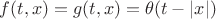 $f(t, x) = g(t, x) = \theta(t - |x|)$