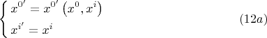 $$\left\{ \begin{gathered}  x^{0'}  = x^{0'} \left( {x^0 ,x^i } \right) \hfill \\  x^{i'}  = x^i  \hfill \\ \end{gathered}  \right. \eqno (12a)$$