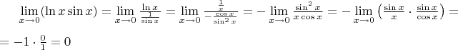 $\lim \limits_{x \to 0} (\ln x \sin x)= \lim \limits_{x \to 0} \frac {\ln x} { \frac {1} {\sin x} } =  \lim \limits_{x \to 0} \frac { \frac {1} {x} } { - \frac { \cos x } { \sin ^2 x } } = - \lim \limits_{x \to 0}   \frac { \sin ^2 x } { x \cos x } = -  \lim \limits_{x \to 0}   \left(  \frac { \sin x } { x }  \cdot  \frac { \sin x } {\cos x}  \right) = \\ = - 1 \cdot \frac {0} {1} =0$