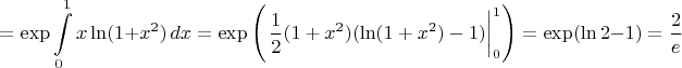 $$=\exp\int\limits_0^1 x\ln(1+x^2)\,dx=\exp\left(\left.\frac{1}{2}(1+x^2)(\ln(1+x^2)-1)\right|_0^1\right)=\exp(\ln 2-1)=\frac{2}{e}$$