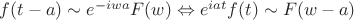 $ f(t-a) \sim e^{-iwa} F(w) \Leftrightarrow e^{iat} f(t) \sim F(w-a) $