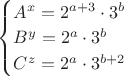 $\begin{cases} A^x=2^{a+3}\cdot 3^b\\B^y=2^a\cdot 3^b\\C^z=2^a\cdot 3^{b+2} \end{cases}$