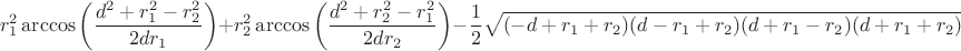 $$
r_1^2 \arccos\left(\frac{d^2+r_1^2-r_2^2}{2dr_1}\right) + r_2^2 \arccos\left(\frac{d^2+r_2^2-r_1^2}{2dr_2}\right) -
\frac{1}{2}\sqrt{(-d+r_1+r_2)(d-r_1+r_2)(d+r_1-r_2)(d+r_1+r_2)}.
$$