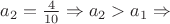 $a_2=\frac{4}{10} \Rightarrow a_2>a_1 \Rightarrow$