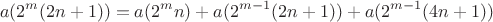 $$a(2^{m}(2n+1))=a(2^{m}n) + a(2^{m-1}(2n+1)) + a(2^{m-1}(4n+1))$$