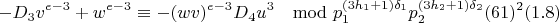 $$-D_3v^{e-3}+w^{e-3}\equiv -(wv)^{e-3}D_4u^3\mod p_1^{(3h_1+1)\delta_1}p_2^{(3h_2+1)\delta_2}(61)^2 (1.8)$$