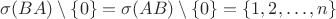 $\sigma(BA)\setminus\{0\}=\sigma(AB)\setminus \{0\}=\{1,2,\ldots,n\}$