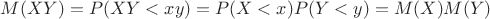 $M(XY)=P(XY<xy)=P(X<x)P(Y<y)=M(X)M(Y)$