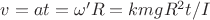 $v=at=\omega'R=kmgR^2t/I$