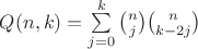 $Q(n,k)=\sum\limits_{j=0}^{k}{n\choose j}{n\choose k-2j}$