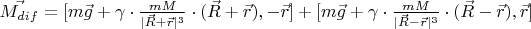 $\vec{M_{dif}}=[m\vec{g}+\gamma \cdot\frac{mM}{|\vec{R}+\vec{r}|^3}\cdot(\vec{R}+\vec{r}),-\vec{r}] + [m\vec{g}+\gamma \cdot\frac{mM}{|\vec{R}-\vec{r}|^3}\cdot(\vec{R}-\vec{r}),\vec{r}]$