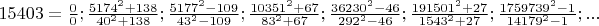 $15403=\frac{0}{0};\frac{5174^2+138}{40^2+138};\frac{5177^2-109}{43^2-109};\frac{10351^2+67}{83^2+67};\frac{36230^2-46}{292^2-46};\frac{191501^2+27}{1543^2+27};\frac{1759739^2-1}{14179^2-1};...$
