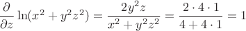 $\dfrac{\partial}{\partial z}\ln(x^2+y^2z^2)=\dfrac{2y^2z}{x^2+y^2z^2}=\dfrac{2\cdot4\cdot1}{4+4\cdot1}=1$