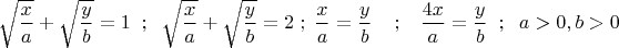 $\sqrt{\dfrac{x}{a}}+\sqrt{\dfrac{y}{b}}=1\;\;;\;\;\sqrt{\dfrac{x}{a}}+\sqrt{\dfrac{y}{b}}=2\;;\;\dfrac{x}{a}=\dfrac{y}{b}\;\;\;\;;\;\;\;\dfrac{4x}{a}=\dfrac{y}{b}\;\;;\;\;a>0,b>0$
