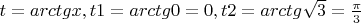 $\[t = arctgx,t1 = arctg0 = 0,t2 = arctg\sqrt 3  = \frac{\pi }{3}\]$