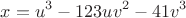 $$x = u^3 - 123uv^2 - 41v^3$$
