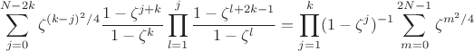 $$\sum_{j = 0}^{N-2k} \zeta^{(k-j)^2/4} \frac{1-\zeta^{j+k}}{1-\zeta^k} \prod_{l=1}^j \frac{1-\zeta^{l+2k-1}}{1-\zeta^l} = \prod_{j=1}^{k} (1-\zeta^j)^{-1} \sum_{m = 0}^{2N-1} \zeta^{m^2/4}$$
