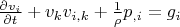 $\frac{\partial v_i}{\partial t}+v_k v_{i,k}+\frac 1 {\rho}p_{,i}=g_i$