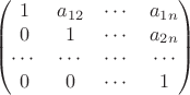 $$\begin{pmatrix}
1 & a_{12} & \cdots & a_{1n} \\
0 &1 & \cdots & a_{2n} \\
\cdots & \cdots & \cdots & \cdots \\
0 & 0 & \cdots & 1 \\
\end{pmatrix}$