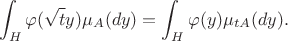$$\int_H\varphi(\sqrt{t}y)\mu_A(dy)=\int_H\varphi(y)\mu_{tA}(dy).$$