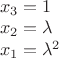 ${}$\\
$x_3 = 1$\\
$x_2=\lambda$\\
$x_1=\lambda^2$\\