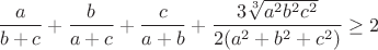 $$\frac{a}{b+c}+\frac{b}{a+c}+\frac{c}{a+b}+\frac{3\sqrt[3]{a^2b^2c^2}}{2(a^2+b^2+c^2)}\geq2$$