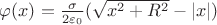 $\[\varphi (x) = \frac{\sigma }{{2{\varepsilon _0}}}(\sqrt {{x^2} + {R^2}}  - \left| x \right|)\]$