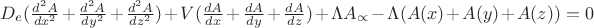 ${D}_{e}(\frac{{d}^{2}A}{d{x}^{2}}+\frac{{d}^{2}A}{d{y}^{2}}+\frac{{d}^{2}A}{d{z}^{2}})+V(\frac{dA}{dx}+\frac{dA}{dy}+\frac{dA}{dz})+\Lambda {A}_{\propto }- \Lambda (A(x)+A(y)+A(z))=0$