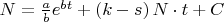 $\[
N = \frac{a}{b}e^{bt}  + \left( {k - s} \right)N \cdot t + C
\]
$