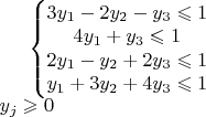 $\left\{\begin{matrix} 3y_1-2y_2-y_3 \leqslant 1 \\ 4y_1+y_3 \leqslant 1 \\ 2y_1-y_2 +2y_3 \leqslant 1 \\ y_1 +3y_2 +4y_3 \leqslant 1 \\ \end{matrix}\right. \\ y_j \geqslant 0
$