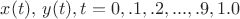 $x(t),\, y(t), t=0,.1,.2,...,.9,1.0$