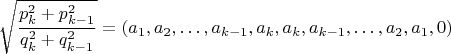 $$\sqrt{\frac{p_k^2+p^2_{k-1}}{q_k^2+q^2_{k-1}}}=(a_1,a_2,&hellip;,a_{k-1},a_k,a_k,a_{k-1},&hellip;,a_2,a_1,0)$$