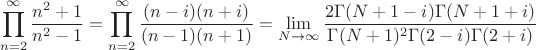 $$\prod\limits_{n=2}^{\infty} \frac{n^2+1}{n^2-1} = 
\prod\limits_{n=2}^{\infty} \frac{(n-i)(n+i)}{(n-1)(n+1)} = 
\lim\limits_{N \to \infty} \frac{2 \Gamma(N+1-i) \Gamma(N+1+i)}{\Gamma(N+1)^2 
\Gamma(2-i) \Gamma(2+i)} $$