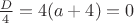 $\frac{D}{4}= 4(a+4)= 0 $ $\frac{D}{4}= 4(a+4)= 0 $