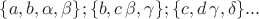 $\{a,b,\alpha,\beta\};\{b,c\,\beta,\gamma\};\{c,d\,\gamma,\delta\}...$
