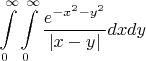 $\displaystyle\int\limits_0^\infty \int\limits_0^\infty \frac {e^{-x^2-y^2}}{|x-y|}dxdy$