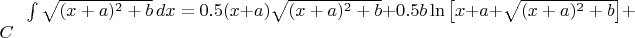 $ \int \sqrt{(x+a)^2+b}\, dx = 0.5(x+a)\sqrt{(x+a)^2+b}+0.5b \ln \big [x+a+\sqrt{(x+a)^2+b}\big ] +C $