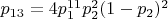 $p_{13}=4 p_1^{11} p_2^2( 1-p_2)^2$