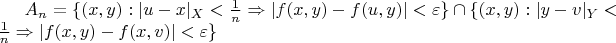 $A_n=\{(x,y):|u-x|_X<\frac1n\Rightarrow |f(x,y)-f(u,y)|<\varepsilon\}\cap\{(x,y):|y-v|_Y<\frac1n\Rightarrow |f(x,y)-f(x,v)|<\varepsilon\}$