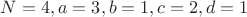 $N=4, a=3,b=1,c=2,d=1$ $N=4, a=3,b=1,c=2,d=1$