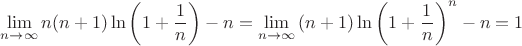 $$\lim\limits_{n \to \infty} {n(n+1)\ln\left(1 + \frac1n\right)-n = \lim\limits_{n \to \infty} {(n+1)\ln\left(1 + \frac1n\right)^n-n} = 1$$