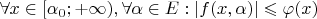 $\forall x \in [\alpha_0; +\infty), \forall \alpha \in E: \left|f(x,\alpha)\right| \leqslant \varphi(x)$
