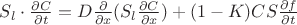 $S_l \cdot \frac{\partial C}{\partial t} =D\frac{\partial }{\partial x}(S_l\frac{\partial C}{\partial x})+(1-K)CS \frac{\partial f}{\partial t}$