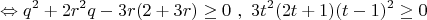 $$\Leftrightarrow q^2+2r^2q-3r (2+3r) \ge 0\ , \ 3t^2 (2t+1)(t-1)^2 \ge 0 $$