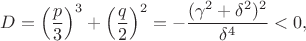 $$D=\left(\frac p3\right)^3+\left(\frac q2\right)^2=-\frac{(\gamma^2+\delta^2)^2}{\delta^4}<0,$$